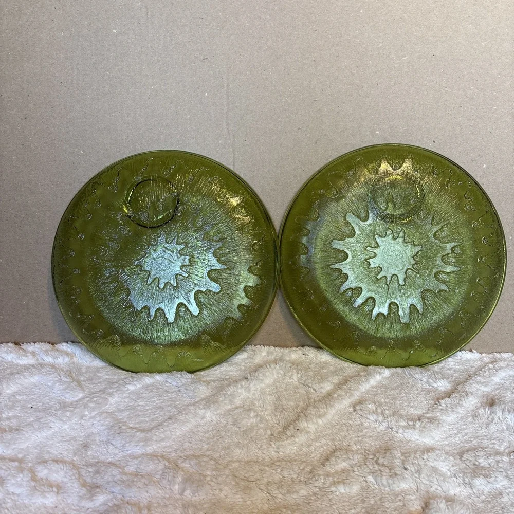 Vintage Indiana Green Glass Sunburst Snack Two Plates